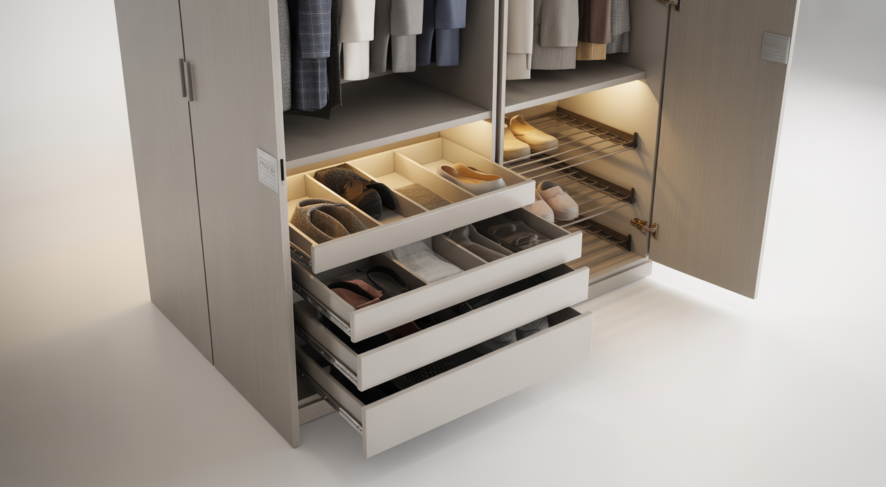 Walk-in wardrobe interior design with custom shelving and lighting