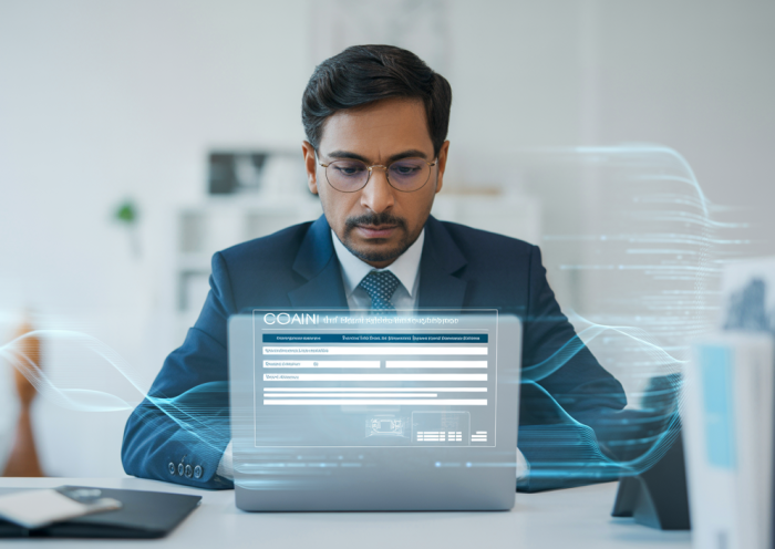 Indian business professional reviewing online GST registration on a laptop, representing digital compliance and business operations.