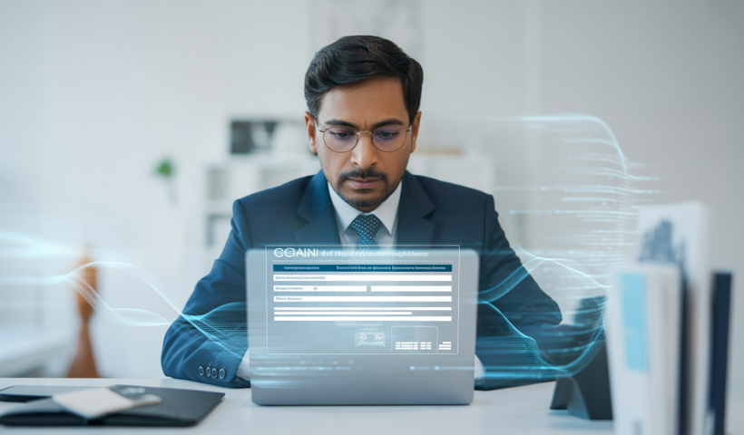 Indian business professional reviewing online GST registration on a laptop, representing digital compliance and business operations.