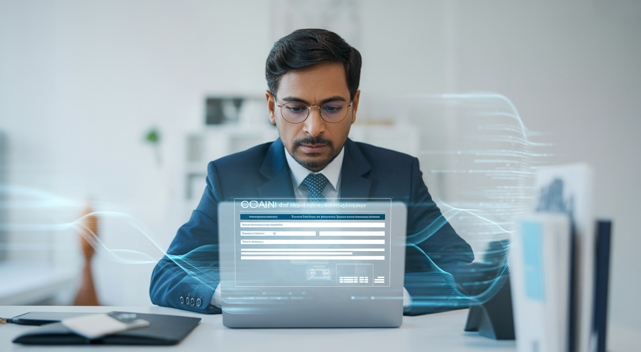 Indian business professional reviewing online GST registration on a laptop, representing digital compliance and business operations.