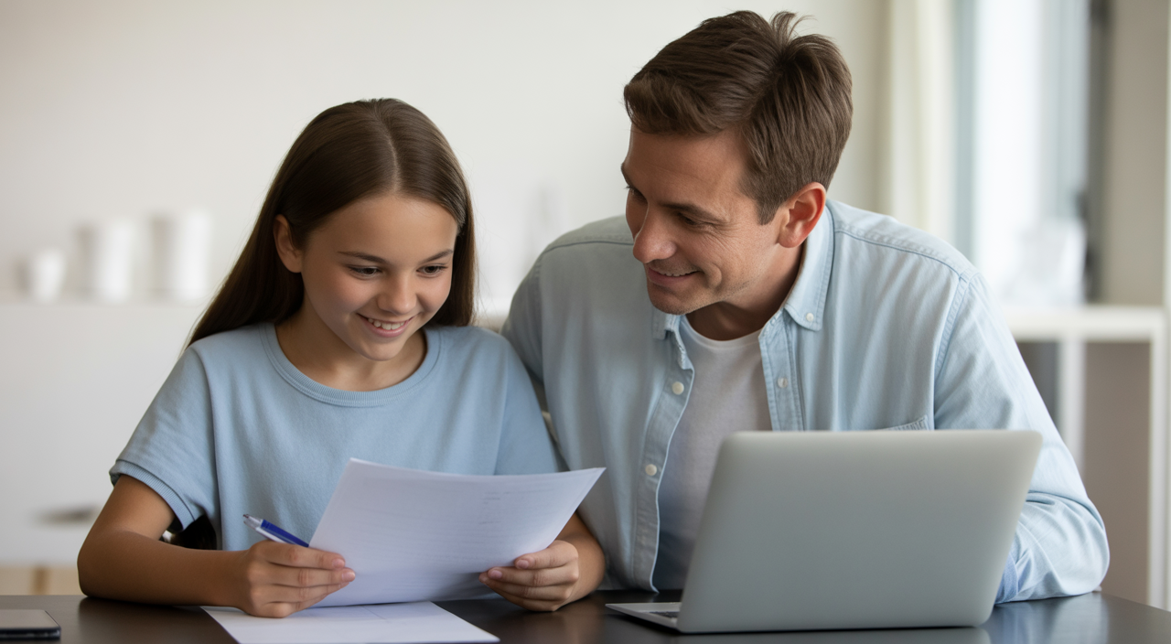 Parent and teenager reviewing college planning documents together for college readiness.