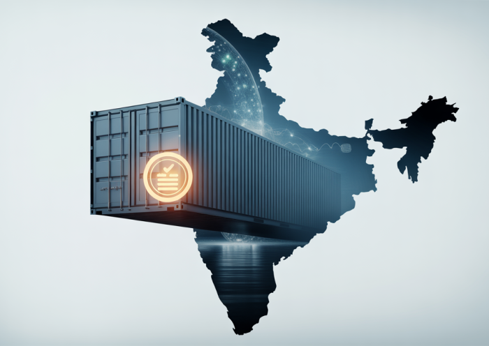 Conceptual image of digital quality assurance and trade compliance for imports into India, featuring a stylized shipping container and a certification icon.
