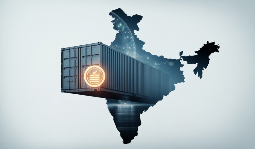 Conceptual image of digital quality assurance and trade compliance for imports into India, featuring a stylized shipping container and a certification icon.