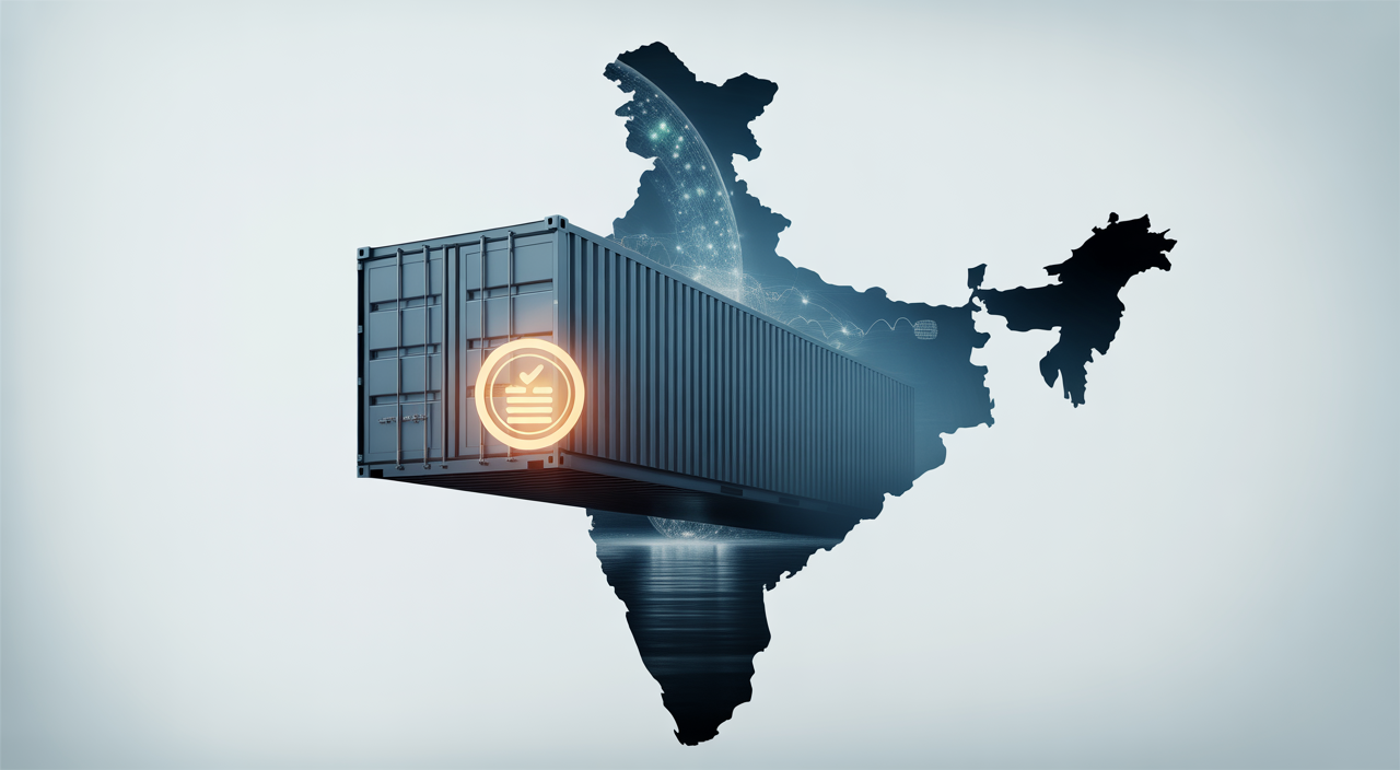 Conceptual image of digital quality assurance and trade compliance for imports into India, featuring a stylized shipping container and a certification icon.