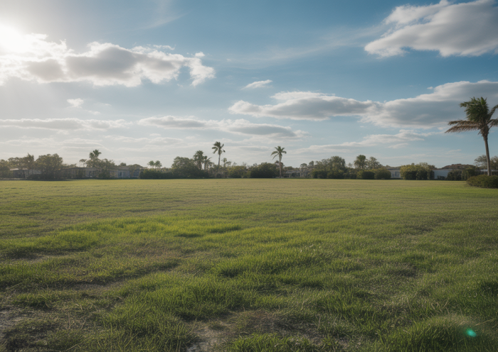 Empty residential land lot in Florida under a bright blue sky, ready for development