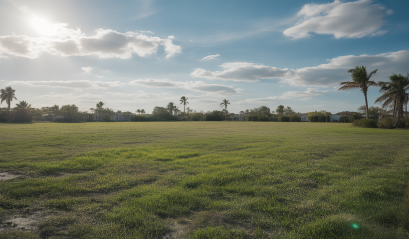 Empty residential land lot in Florida under a bright blue sky, ready for development