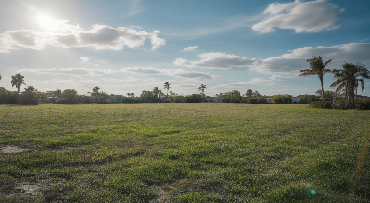 Empty residential land lot in Florida under a bright blue sky, ready for development