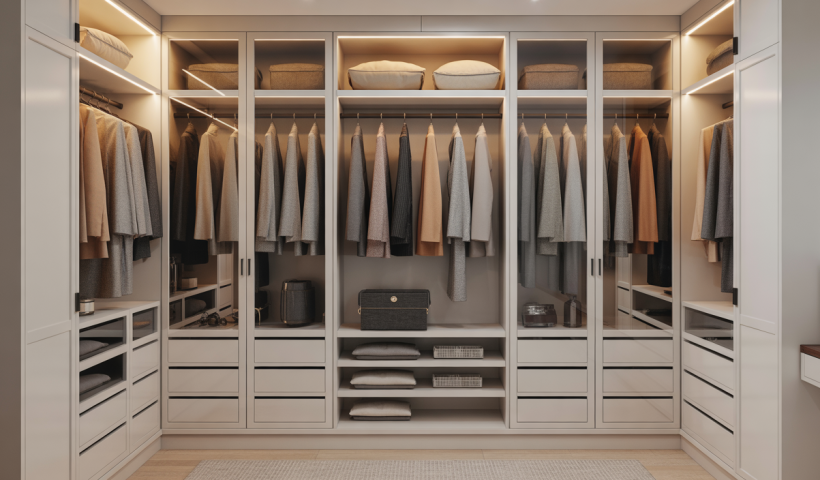 Luxurious bespoke walk-in wardrobe with elegant design and perfect organization.