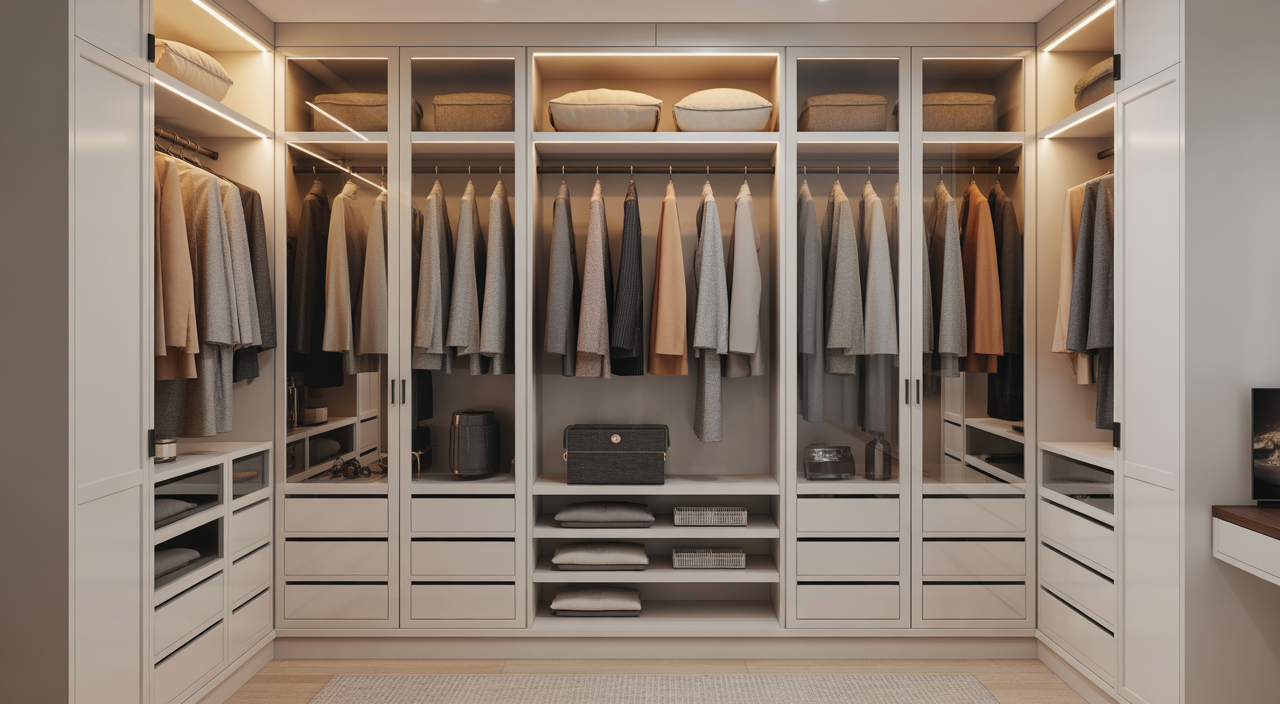 Luxurious bespoke walk-in wardrobe with elegant design and perfect organization.