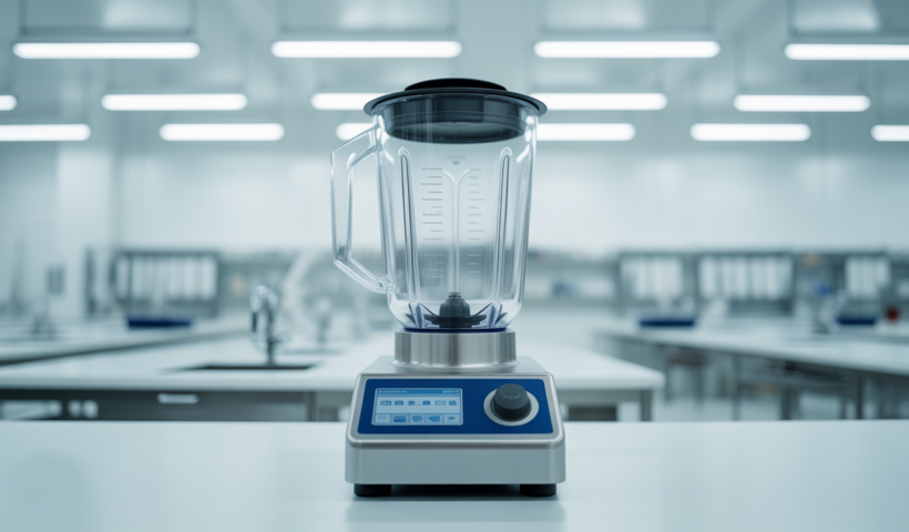 Photorealistic image of a modern lab scale blender with stainless steel vessel and digital controls on a clean white background representing advanced R&D equipment