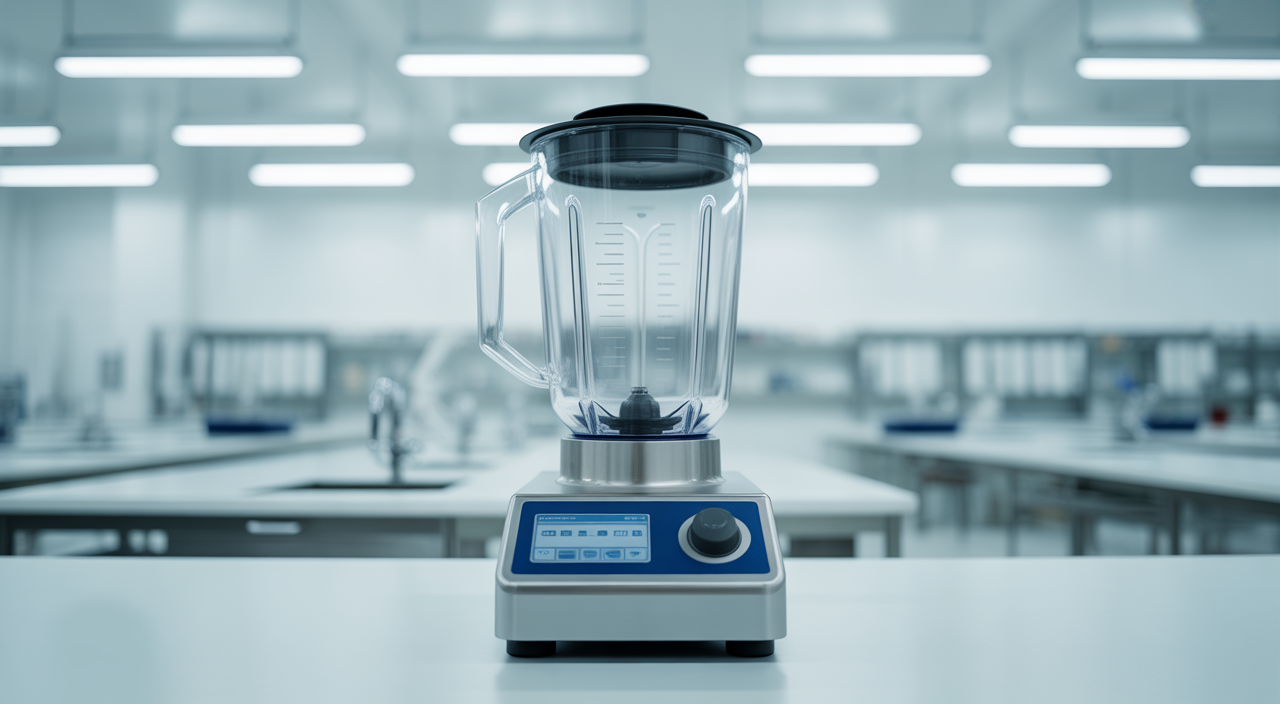 Photorealistic image of a modern lab scale blender with stainless steel vessel and digital controls on a clean white background representing advanced R&D equipment