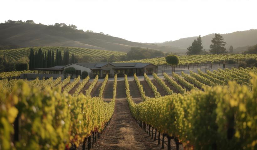 A photorealistic image of a picturesque Napa Valley family-owned winery vineyard with sunlit grapevines and rustic winery buildings under clear skies.