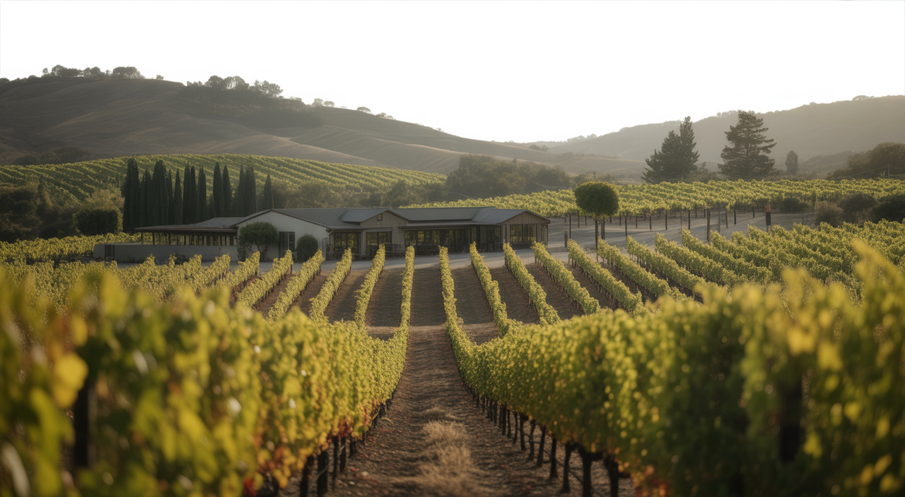 A photorealistic image of a picturesque Napa Valley family-owned winery vineyard with sunlit grapevines and rustic winery buildings under clear skies.